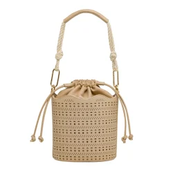 Borsa donna beige Lora Ferres a secchiello traforata e coulisse