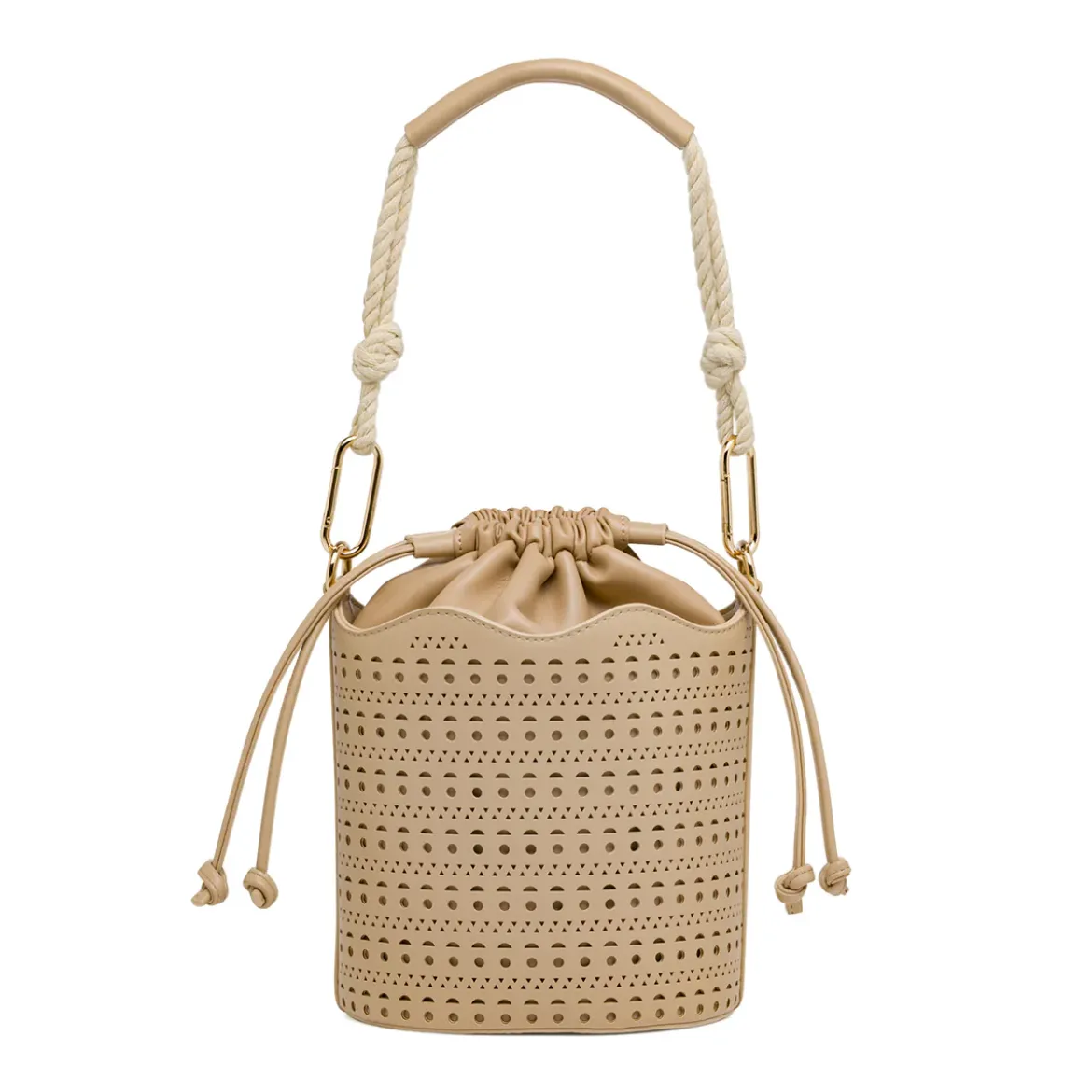 Borsa donna beige Lora Ferres a secchiello traforata e coulisse