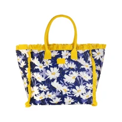 Borsa mare blu con fiori e frange gialle da Donna Camomilla Milano