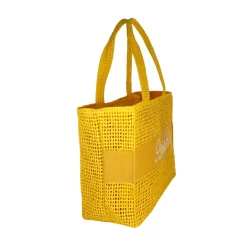 Borsa mare gialla da Donna con scritta BEACH effetto rafia Camomilla Milano