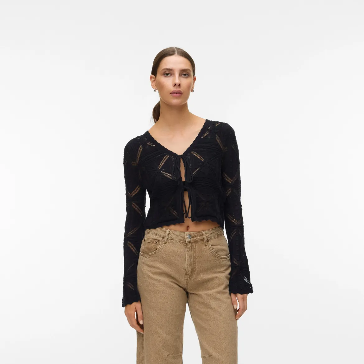 Cardigan estivo nero Donna con lacci effetto crochet Vero Moda