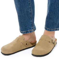 Ciabatte Sabot beige da Donna in pelle effetto scamosciato e suola in sughero Tè Verde