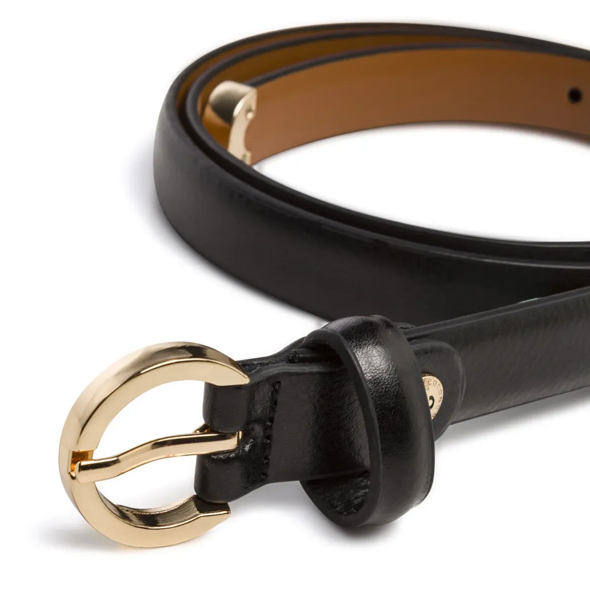 Cintura da Donna in pelle nera con fibbia tonda dorata Coconuda