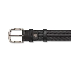 Cintura da Uomo Nera con Cuciture Decorative e Fibbia in Metallo Americanino