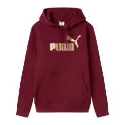 Felpa con cappuccio da donna Puma bordeaux con stampa logo dorata
