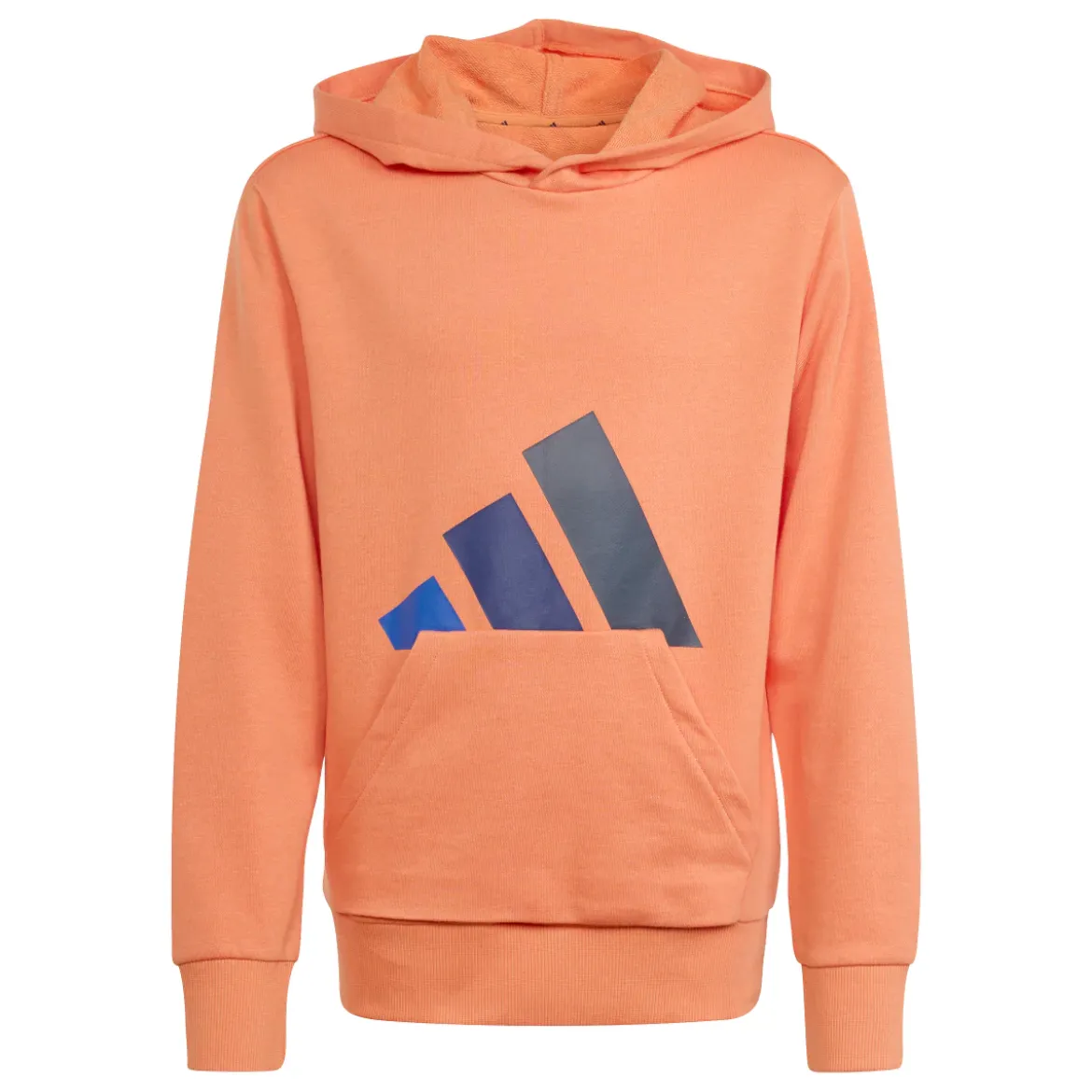 Felpa da bambino arancione con cappuccio e grande logo blu adidas