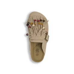 Sabot da Donna khaki effetto suede con frange e perline Primopiano