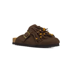 Sabot marroni da Donna effetto suede con frange e perline Primopiano