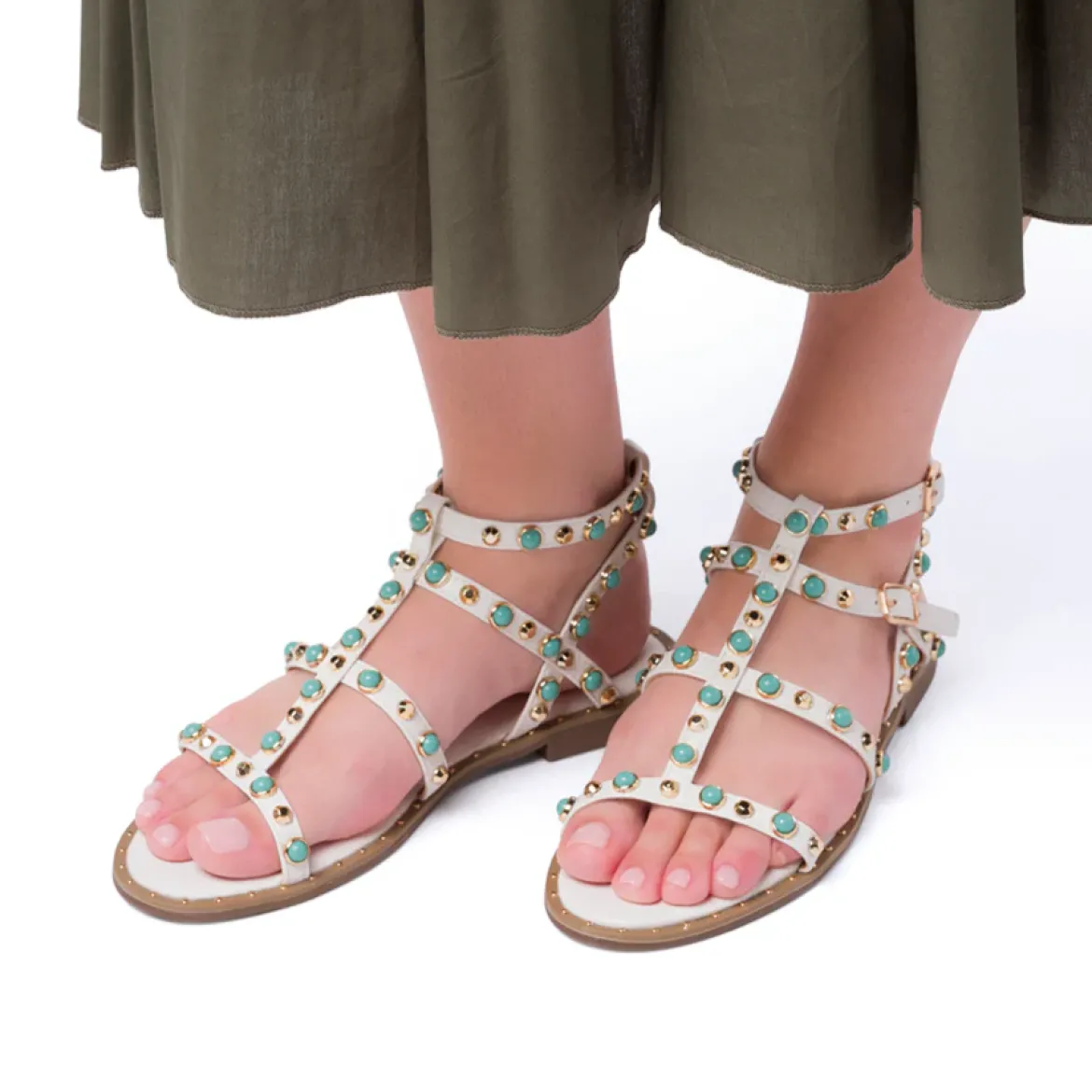 Sandali Flat Bianchi da Donna con dettaglio Borchie sulla tomaia Lora Ferres