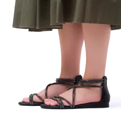 Sandali Flat Neri da Donna con dettaglio gioiello Strass Lora Ferres