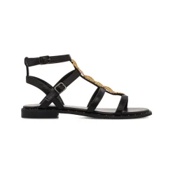 Sandali flat neri da Donna con dettaglio gioiello in metallo oro Lora Ferres