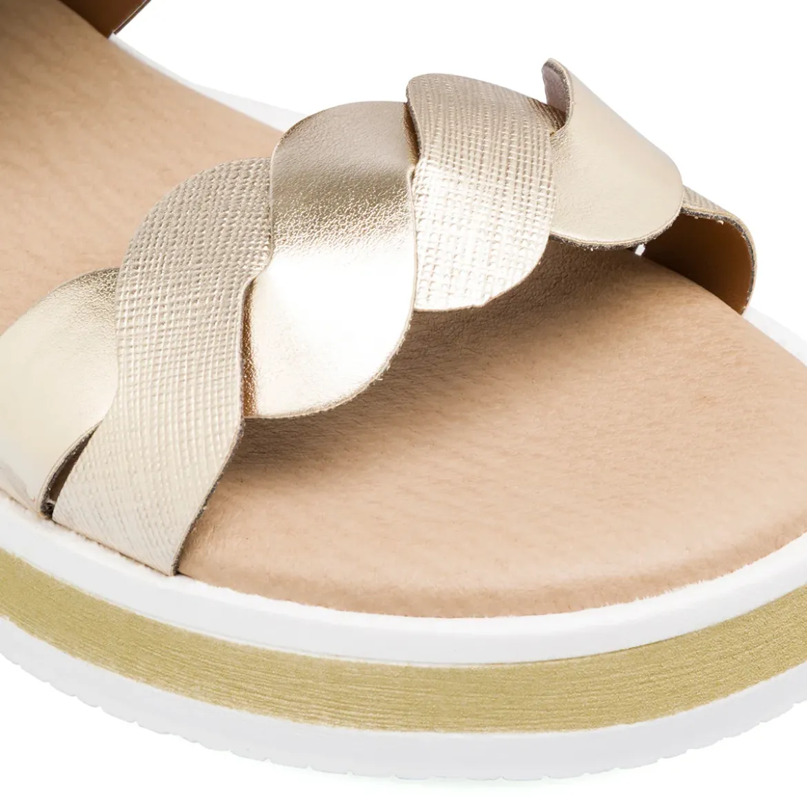 Sandali oro da donna con doppia fascia intrecciata e zeppa comoda P Soft