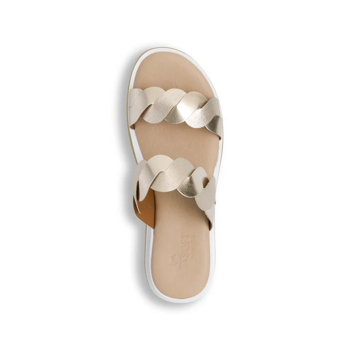 Sandali oro da donna con doppia fascia intrecciata e zeppa comoda P Soft