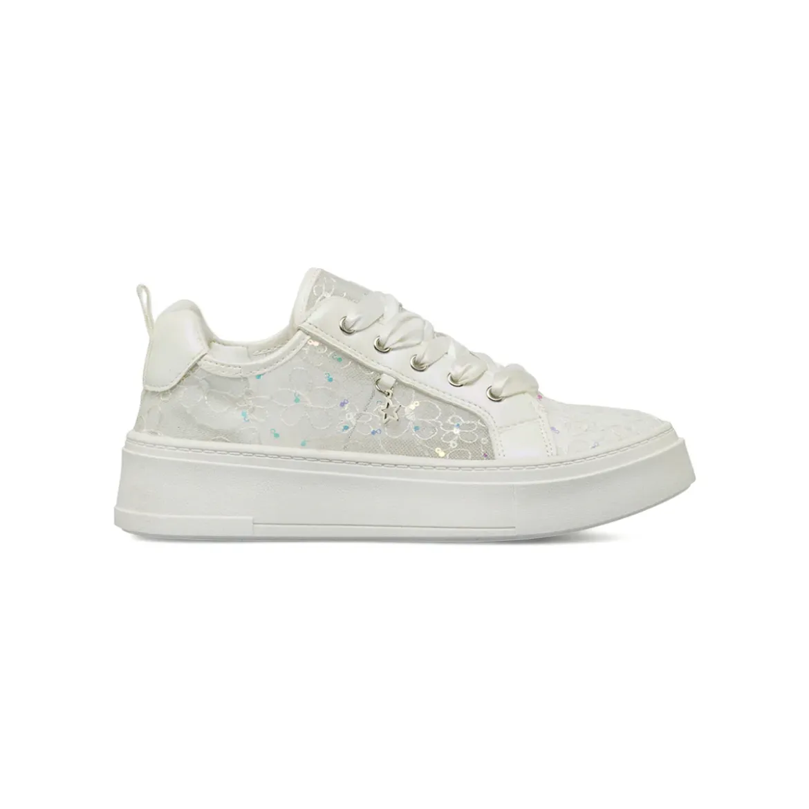 Sneakers Dieci Baci da bambina bianche con pizzo lacci in raso e charm