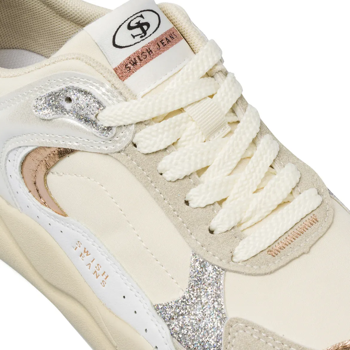 Sneakers donna Swish Jeans bianche con glitter e inserti metallizzati