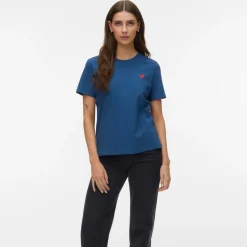 T-shirt blu da Donna con cuore rosso ricamato Vero Moda