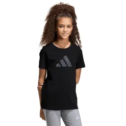 T-shirt da bambina nera con stampa leopardata sul logo adidas