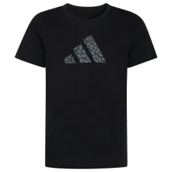 T-shirt da bambina nera con stampa leopardata sul logo adidas
