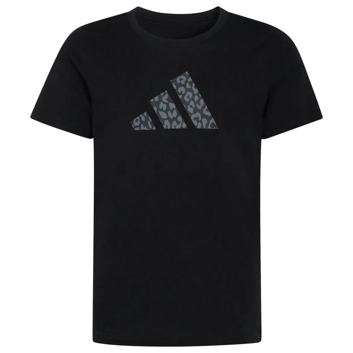 T-shirt da bambina nera con stampa leopardata sul logo adidas