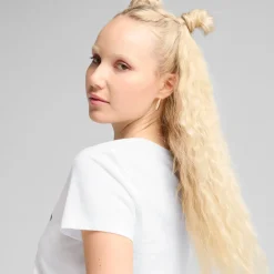 T-shirt da donna bianca con logo nero a contrasto sul petto Puma