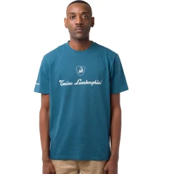 T-shirt da uomo blu ottanio in cotone con logo bianco Tonino Lamborghini